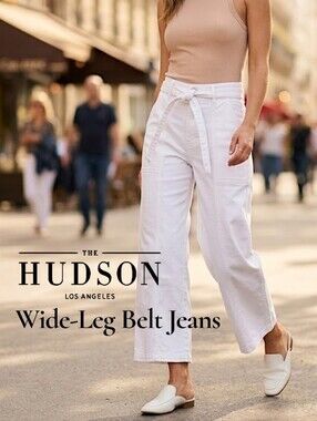 HUDSON Women's Wide-Leg Belt Mid-Rise White Jeans Size 10/30 (Medium)Trendy Pant